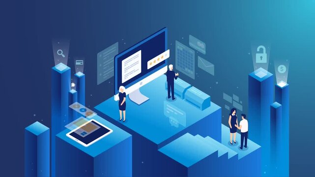 Isometric Digital Office Workspace with Computer and Data Visualization 2D Animation
