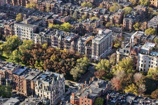 View from Prudential Tower to the houses in the historic district of Back Bay, Boston, Massachusetts, New England, USA