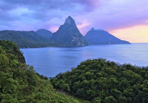 Landscape with the two Pitons, Gros Piton 770m and Petit Piton 743m, evening mood, Soufriere, St. Lucia, Lesser Antilles, West Indian Islands, Caribbean Islands
