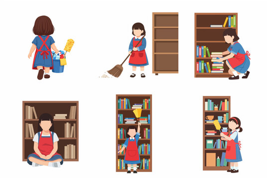 Set of flat vector illustrations of a cute little girl in an apron cleaning, sweeping the floor, and organizing books on a wooden bookshelf at home