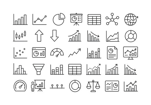 Graph Charts Statistics. Line icon set of graph charts statistics: bar chart, line graph, pie chart, infographic board, statistics table, data diagram, economy chart, finance graph, up arrow, down