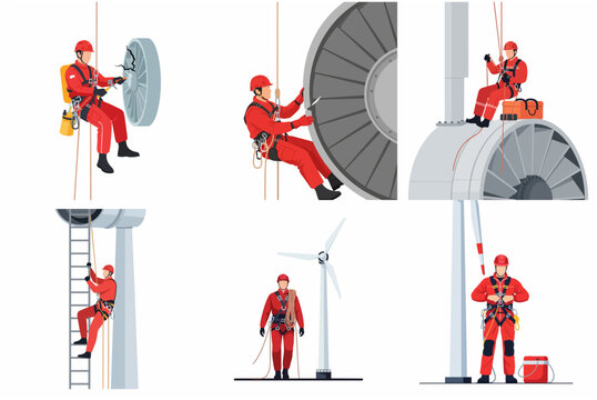 Industrial Technicians Inspecting and Repairing Wind Turbine Blades, Renewable Energy Maintenance Personnel Working at Heights with Safety Gear Vector Illustration Set
