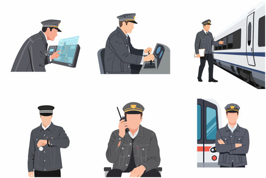 Professional Train Driver and Conductor Illustration Set in Uniform Operating and Monitoring Trains