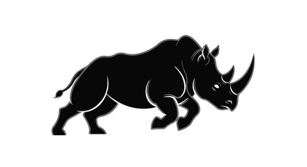 Fototapeta premium Rhinoceros illustration rendered in a bold black ink style captures the powerful silhouette of this massive wild animal in a dynamic charging motion across a clean white background.