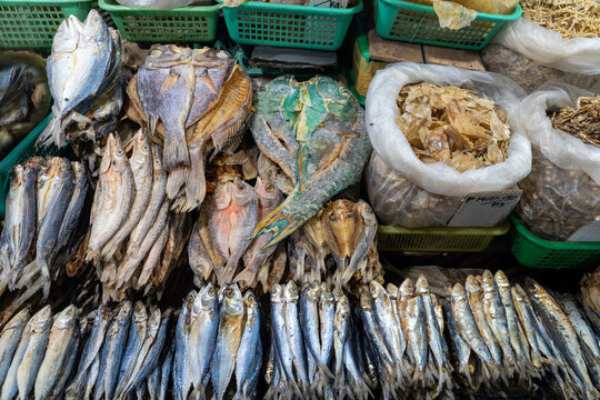 Traditional dried fish and seafood at a Philippine market stall