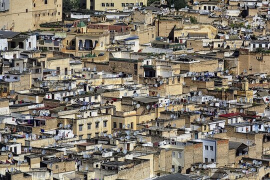 View from above the houses, roofs of the old town, Fes el Bali, UNESCO World Heritage Site, Fez, Fez-Mekn&egrave;s, Morocco