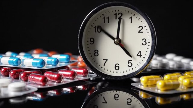 Time running out on medications: Clock ticking next to various pill blisters, concept of healthcare