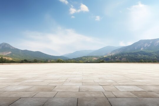 Empty outdoor plaza featuring a wide stone pavement and a distant mountain range under a clear sky