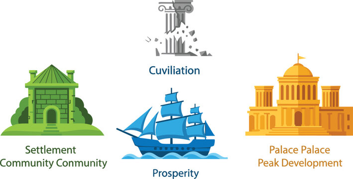 Ancient civilization development stages infographic vector template with early community settlement historical ruins sailing ship prosperity and golden palace empire peak