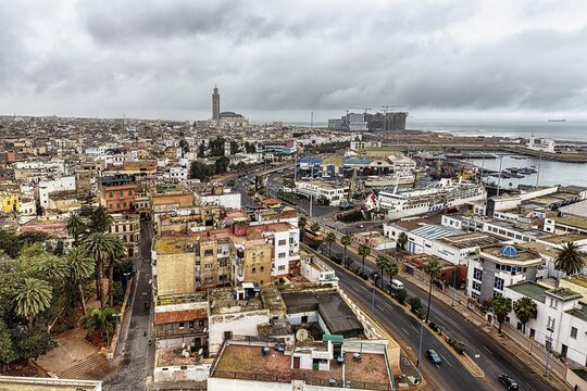 Casablanca skyline, panoramic view with the Hassan II Mosque, dreary weather, view from above, Casablanca, Morocco