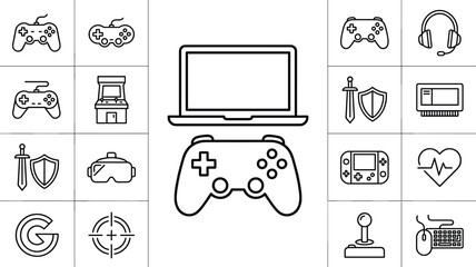 Video Gaming and Esports Vector Icon Set Featuring Outline Line Art Laptop Gamepads Arcade Cabinets VR Headset and RPG Symbols for Online Streamer LayoutsVideo Gaming and Esports Vector Icon Set Featu © Sonjoy