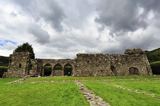 Abbey church, ruins of Cymer Abbey in a meadow, former Cistercian abbey, Dolgellau, Gwynedd, Wales, Great Britain