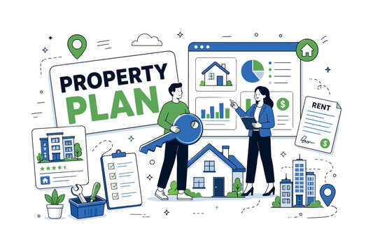 Real Estate Management. Clean editorial banner with one main scene about real estate and property management: two geometric characters manage a large oversized house key and a big property dashboard,