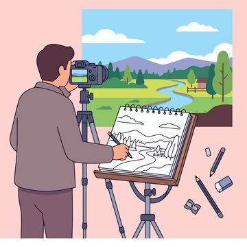 An artist sketches a landscape while looking through a camera lens