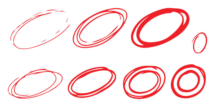 Set of hand drawn red marker circle scribbles and oval shapes for highlighting text