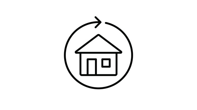 Minimalist icon representing a virtual property tour with a circular arrow around a house, perfect for real estate listings