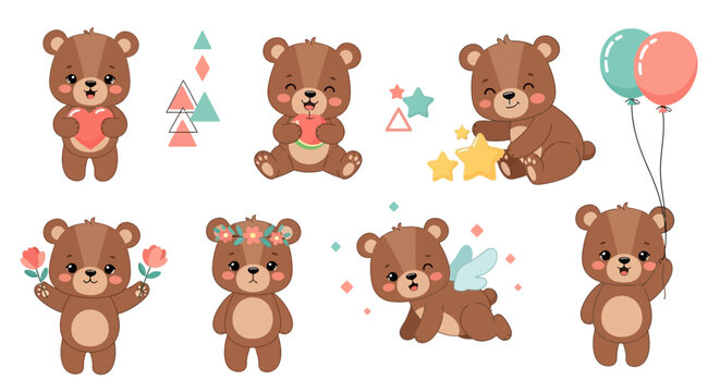 Cute Cartoon Teddy Bears Set with Hearts, Balloons, and Flowers