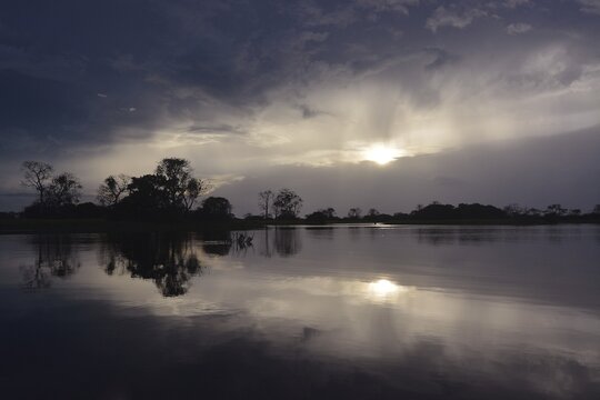 Evening at a widened part of the Amazon or Rio Solim&otilde;es, Mamiraua Sustainable Development Reserve, near Manaus, Amazonas State, Brazil