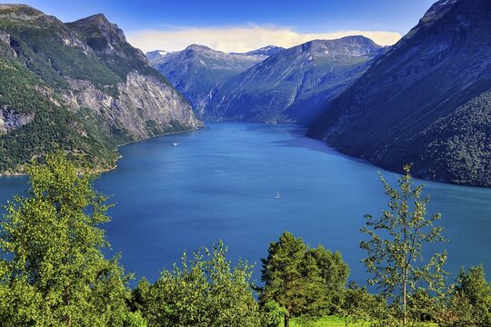 Fjord landscape in summer, view of Sunnylvsfjord, sunny weather, Hellesylt, M&oslash;re og Romsdal, Norway