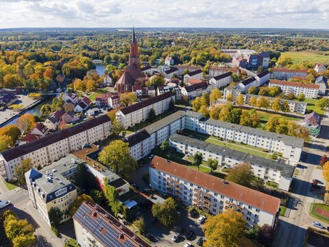 Drone shot, Old Town Island, Rathenow with St. Marien Andreas Church, Havelland County, Brandenburg, Germany