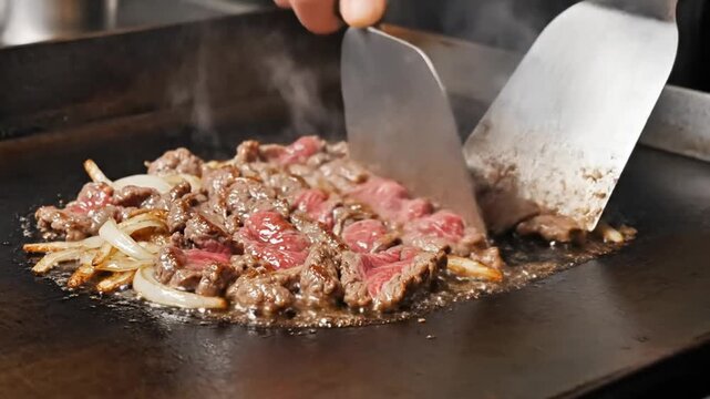 Chef using spatulas to chop and cook thin slices of raw steak and onions on a flat top grill