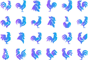Naklejka premium Rooster icons and graphic silhouettes symbolizing strength courage and new beginnings for farm or rural themes.