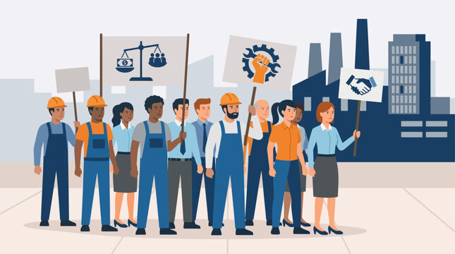 This flat design illustration showcases a united group of workers protesting for fair wages and improved working conditions. 