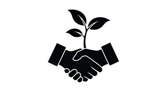 Handshake symbol displaying a growing plant signifies the shared commitment between two partners to cultivate long-term growth and sustainable economic prosperity in a professional marketplace.
