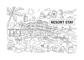 Naklejka premium Resort Hotel Tourism. Clean one-line drawing banner composition showing oversized resort hotel and beach landscape stretching across all canvas edges, 2 travelers enjoying wellness, spa, passport,