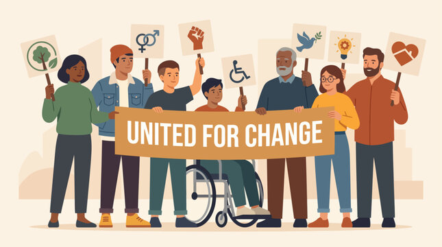 This flat design illustration depicts a diverse group of people from various movements standing in solidarity, united for collective change.