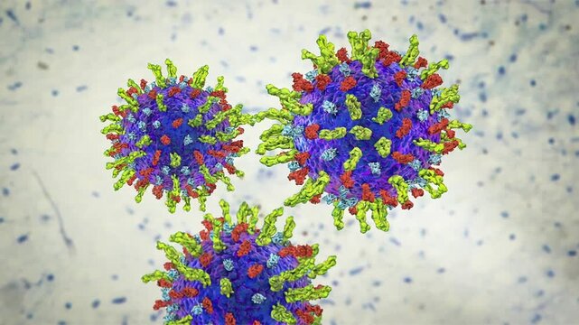 Herpes virus particles, 3D animation showing slowly rotating enveloped virions with icosahedral capsid and surface glycoproteins, illustrating human herpesvirus infection.