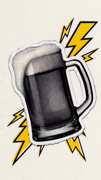 Pop Art Halftone Distressed Beer Mug Sticker Illustration, Worn Retro Foam Beer Glass Icon, Vintage Torn Paper Collage Element, 90s Magazine Style Graphic, Vertical Video
