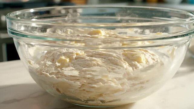 Baking bread close-up of adding flour to dough in glass bowl for a homemade recipe