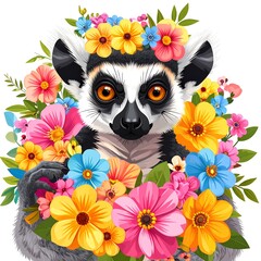 Naklejka premium Colorful Lemur with Flower Crown.