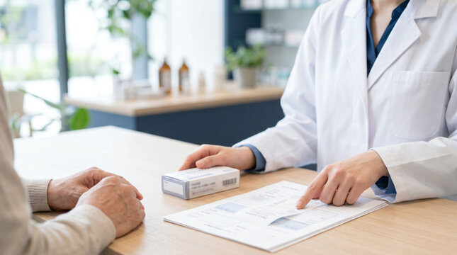 薬剤師が患者に薬を手渡す手元 処方箋薬局