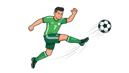 Naklejka premium Energetic soccer player in green jersey powerfully striking the football during a fast-paced game, showcasing athletic prowess