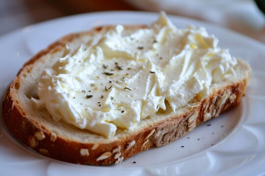 Close up of multigrain bread topped with creamy cheese, sprinkled with herbs, resting on a white plate