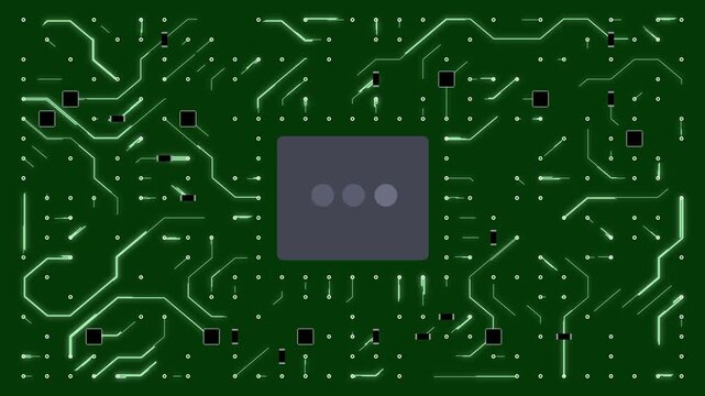 Green circuit board glows softly in center
