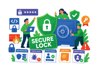 Naklejka premium Defense Security Protection banner, lively protection scene with 3 expressive stylized human characters interacting with oversized security shield and giant safe vault, password panel reaching top