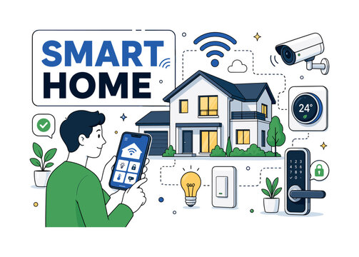 Smart Home Automation. Editorial banner with homeowner controlling an oversized connected house and smart device panel, with light switch, security camera, thermostat, Wi-Fi signal, and door lock