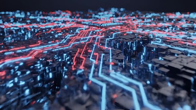 Abstract Digital Circuit Board with Glowing Neon Lines.