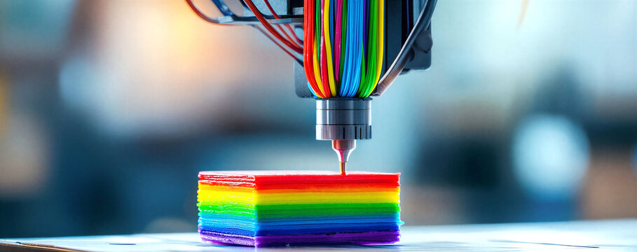 Modern 3d printer creating colorful rainbow layers of plastic filament