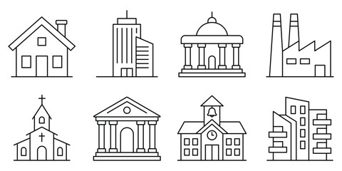 Fototapeta premium Set of building outline icons including house, office skyscraper, government building, factory, church, bank, school, and modern apartment complex, architecture vector illustration.