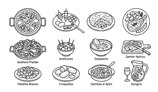 Traditional Spanish Food Outline Icons Featuring Paella Tapas and Tortilla Vector Set