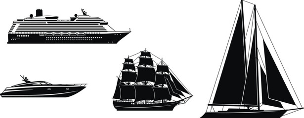 Black Silhouette Ship and Boat Collection Set Including Cruise Sailing and Speed Vessels © MdMojibar