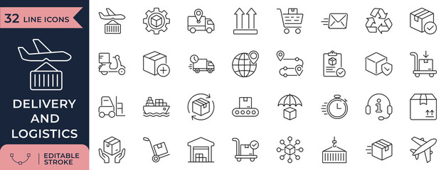 Delivery, Logistics, Cargo Shipping, and Supply Chain Line Icon Set © Masum