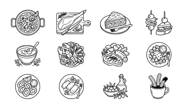 Spanish Cuisine Food Icons Set with Paella Tapas Tortilla and Gourmet Dishes Vector