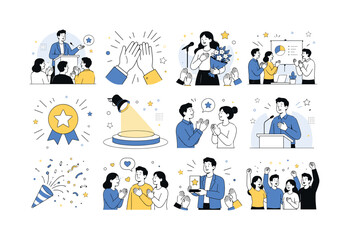 Fototapeta premium Applause Clapping Hands. Clapping hands, applause, appreciation, celebration, audience reaction, praise, recognition, and editable stroke applause symbols. 12 minimalist editorial vector scenes: