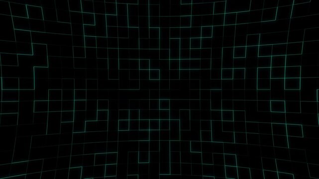 A high-tech digital background featuring a curved neon grid pattern in teal on a black field, perfect for cyberpunk and gaming themes.