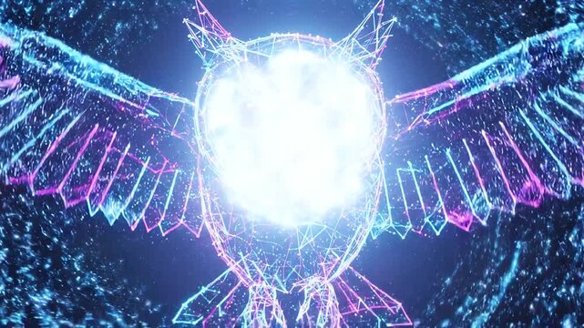 Glowing neon owl in flight digitally.